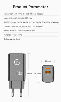 GaN Fast Charger 65W USB QC+PD